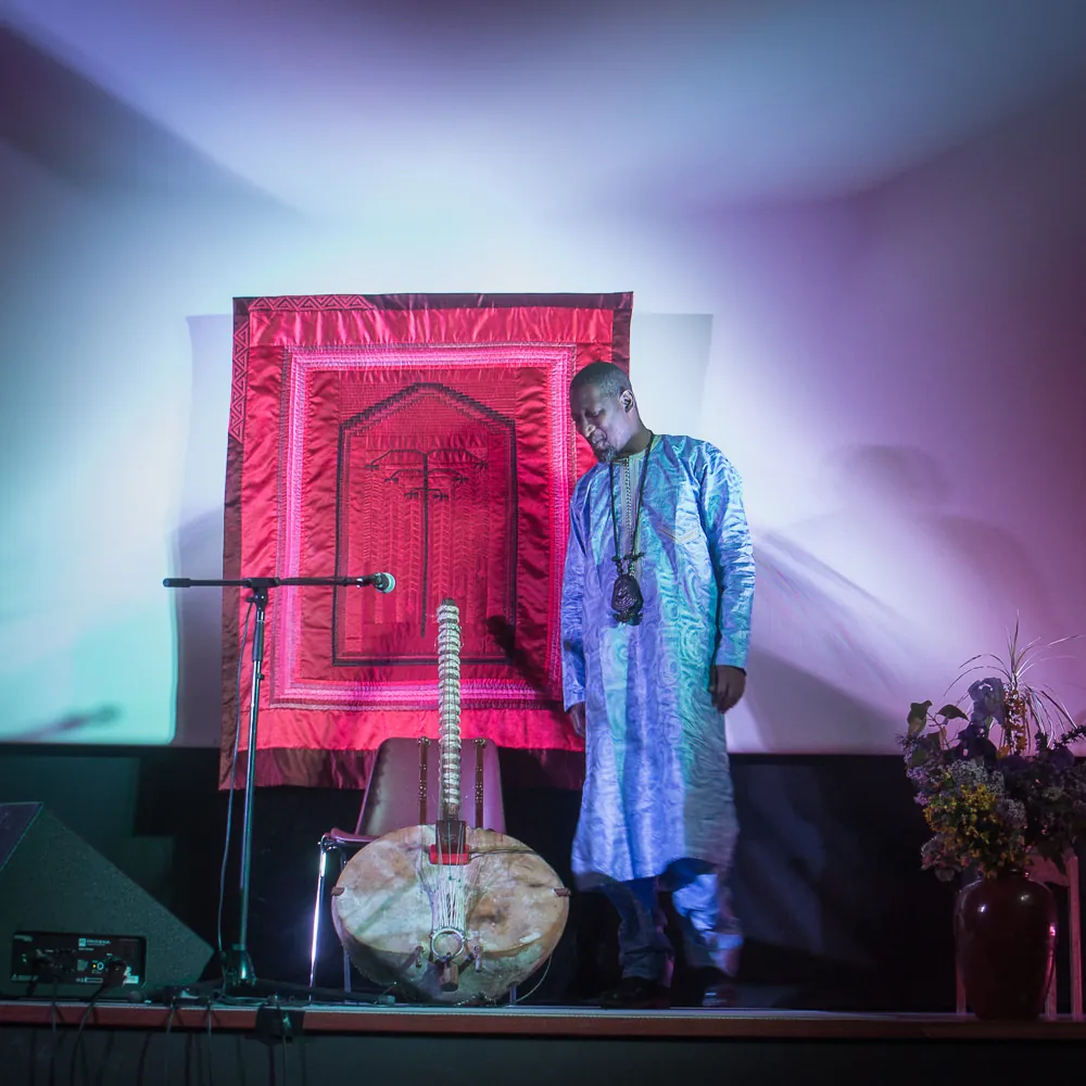 A standing musician with a string instrument in front of a red textile work